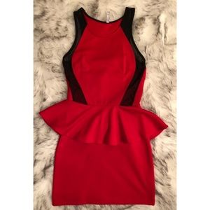 Red and Black Mesh Ruffle Waist Mini Dress